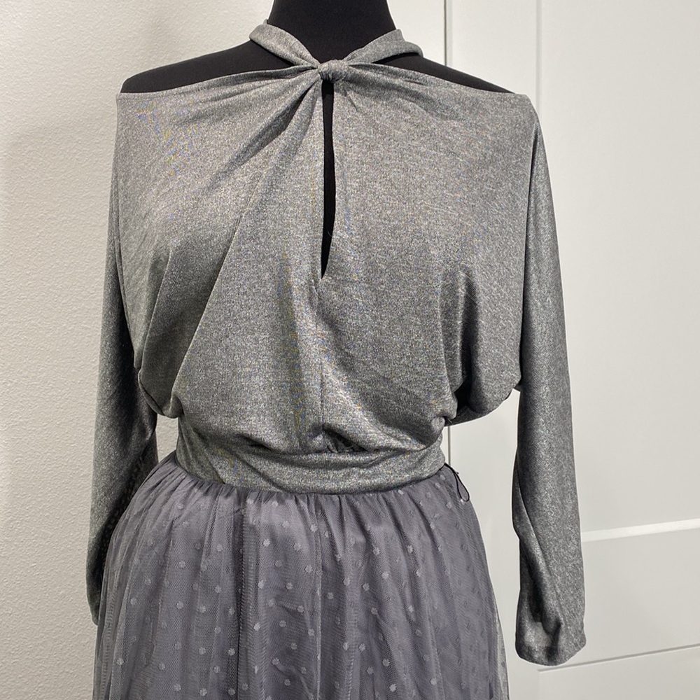 Silver Metallic cold shoulder tie neck bodysuit